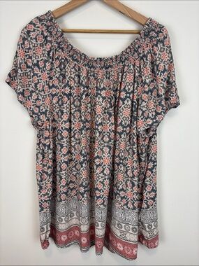 BeachLunchLounge Womens 2X Boho Peasant Blouse Floral Tunic Top Plus Size